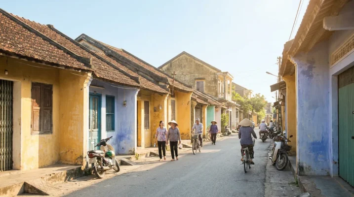 Phố huyện lỵ Triệu Sơn Thanh Hóa buổi sáng, người Việt đi lại giữa dãy nhà mái ngói cũ, xe máy dựng ven đường, ánh nắng dịu — ảnh minh họa