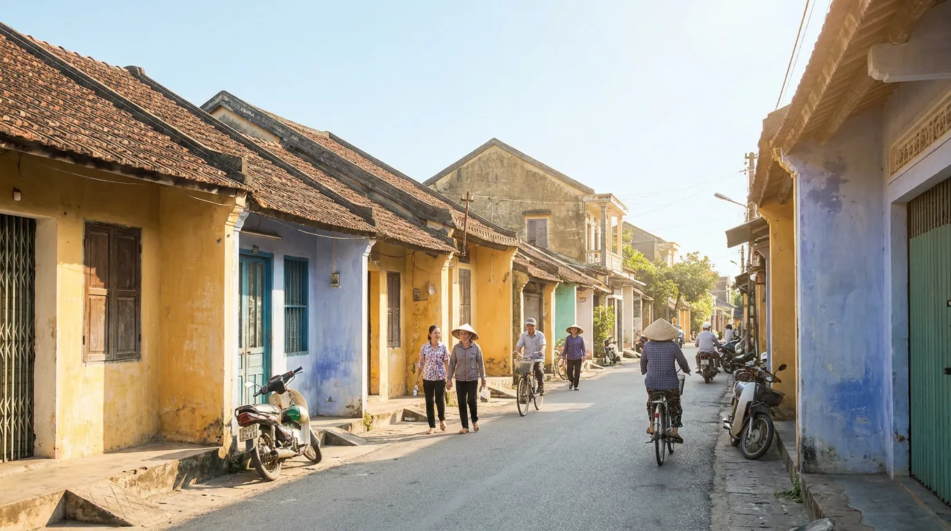 Phố huyện lỵ Triệu Sơn Thanh Hóa buổi sáng, người Việt đi lại giữa dãy nhà mái ngói cũ, xe máy dựng ven đường, ánh nắng dịu — ảnh minh họa