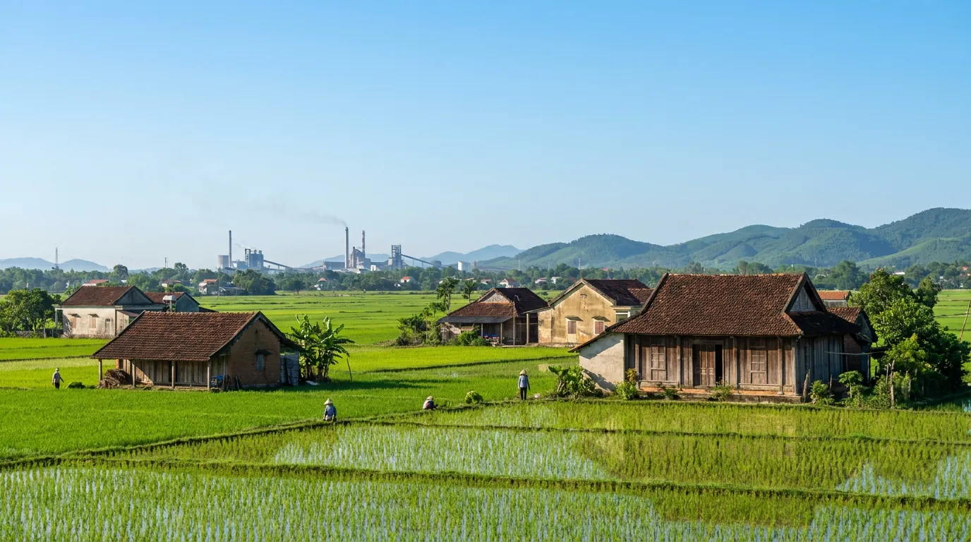 Vùng nông thôn ven khu kinh tế Nam Thanh Hóa với ruộng đồng, làng xóm và nhà máy phía xa trong nắng sớm — ảnh minh họa