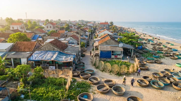 Làng chài ven biển Bắc Trung Bộ nhìn từ trên cao, nhà cửa san sát dọc các con ngõ nhỏ, thuyền thúng và lưới đánh cá phơi ven bờ, buổi sáng nắng nhẹ — ảnh minh họa